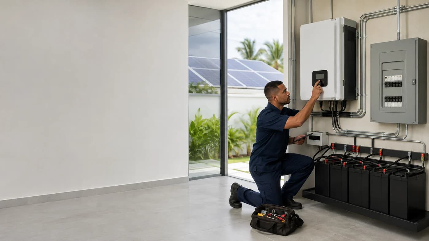 Técnico revisando un sistema de energía solar y respaldo eléctrico