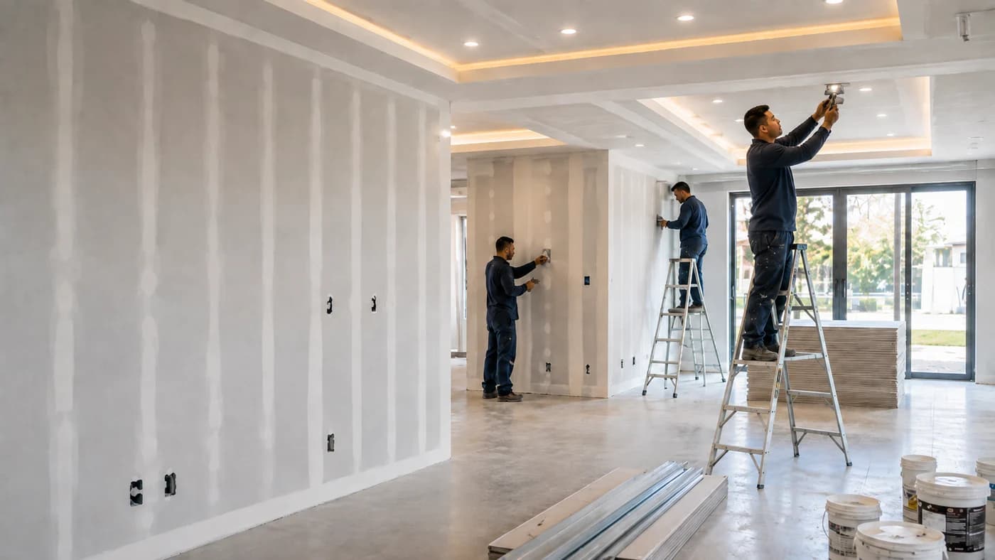 Equipo técnico realizando trabajos de sheetrock y terminaciones interiores