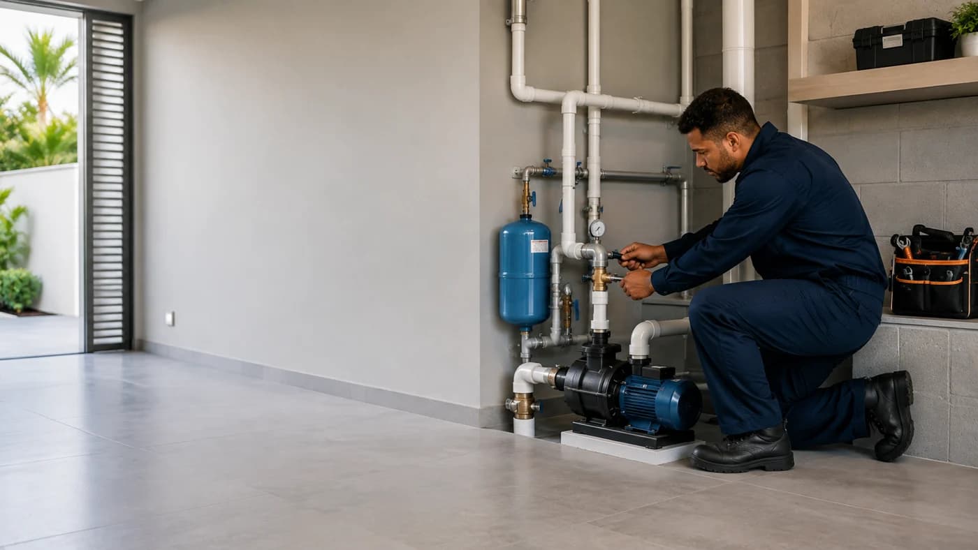 Técnico trabajando en un sistema profesional de bombeo y presión