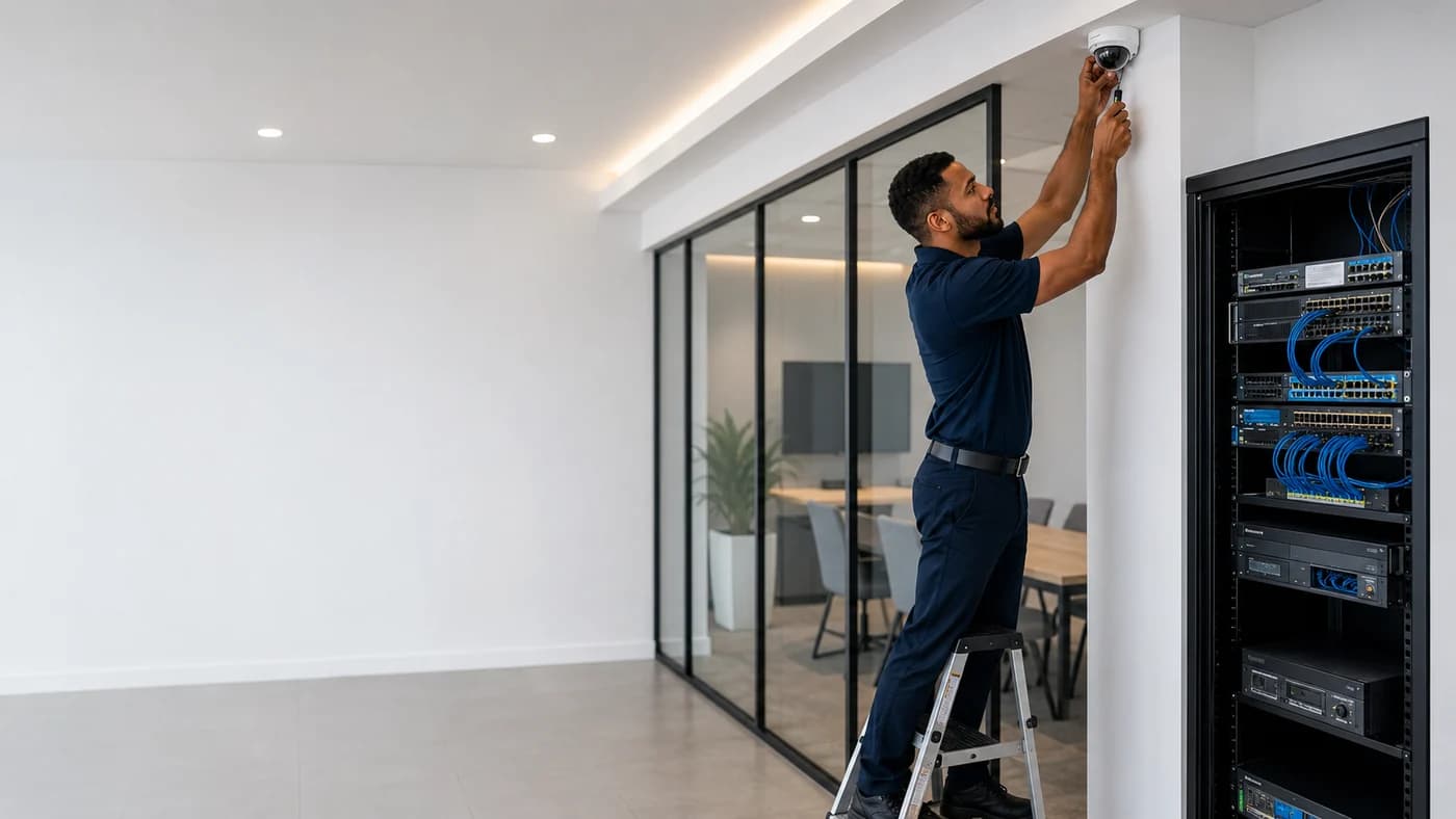 Técnico instalando soluciones de seguridad y conectividad